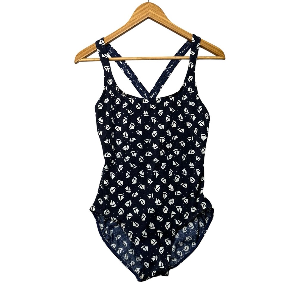 Lands End Womens Swimsuit 12 Blue Sail Boats Vintage Nautical One Piece Modest